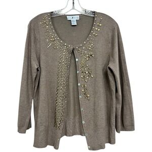 Vtg Y2K Women Lightweight Embellished Cardigan L Taupe Soft Girl Romantic Glam